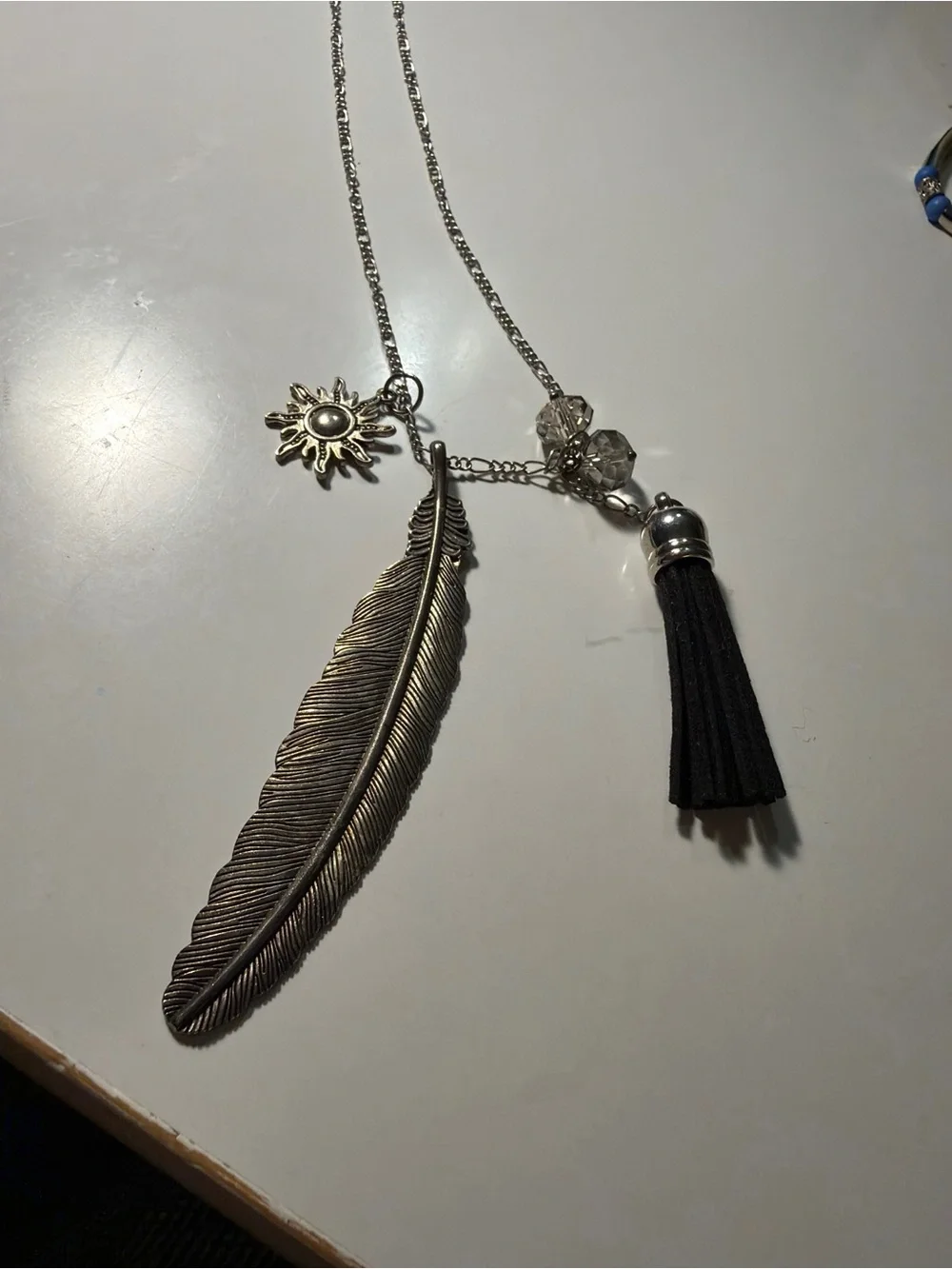 Boho Silver Tone Feather Sun Crystal Faceted Black Tassel Long Necklace